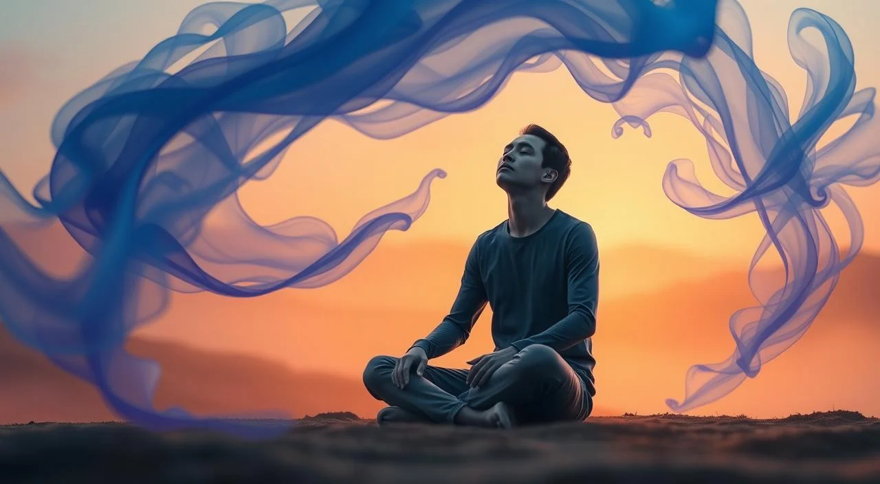 A serene and introspective scene depicting the interconnected nature of emotional disorders and mental health. In the foreground, a figure sits cross-legged, eyes closed, with a pensive expression. Swirling, ethereal shapes in soothing hues of blue and purple surround them, representing the complex emotions and internal landscapes associated with conditions like anxiety, depression, and stress. The background features a softly blurred landscape, conveying a sense of tranquility and stillness. Warm, diffused lighting casts a gentle glow, evoking a contemplative atmosphere. The overall composition aims to visually encapsulate the delicate balance and interplay between mental and emotional well-being.