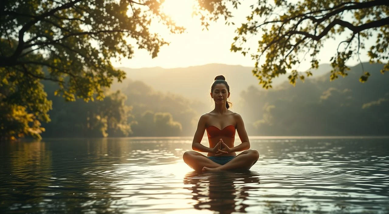 A serene and peaceful scene depicting "saúde mental" (mental health). In the foreground, a person sits cross-legged on a tranquil lake, their face radiating a sense of inner calm and focus. The middle ground features a lush forest canopy, with dappled sunlight filtering through the leaves. In the background, gentle rolling hills recede into the distance, creating a sense of depth and expansiveness. The overall atmosphere is one of mindfulness, balance, and a deep connection to the natural world. The lighting is soft and warm, creating a soothing and meditative ambiance. Captured with a wide-angle lens to emphasize the spaciousness and grandeur of the scene.