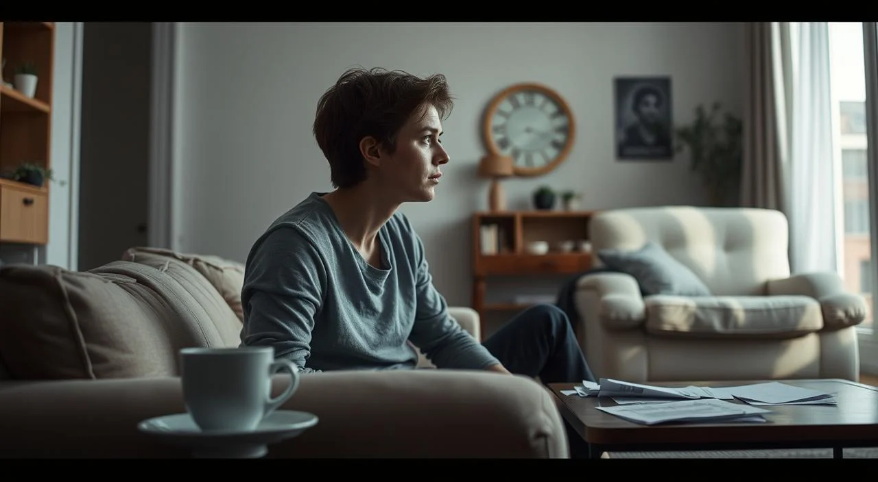 A serene and softly-lit domestic scene, capturing the subtle impacts of anxiety on everyday life. In the foreground, a person sits on a couch, shoulders slightly hunched, gazing pensively into the distance. Muted colors and a sense of quiet contemplation pervade the space. In the middle ground, a table with a half-finished cup of tea and scattered papers suggests the disruption of routine tasks. The background reveals a warm, comforting living room, but the overall atmosphere conveys a sense of unease and distraction. Soft, natural lighting casts gentle shadows, underscoring the internal struggle. The image aims to evoke the psychological toll of anxiety, while maintaining a relatable, everyday context.