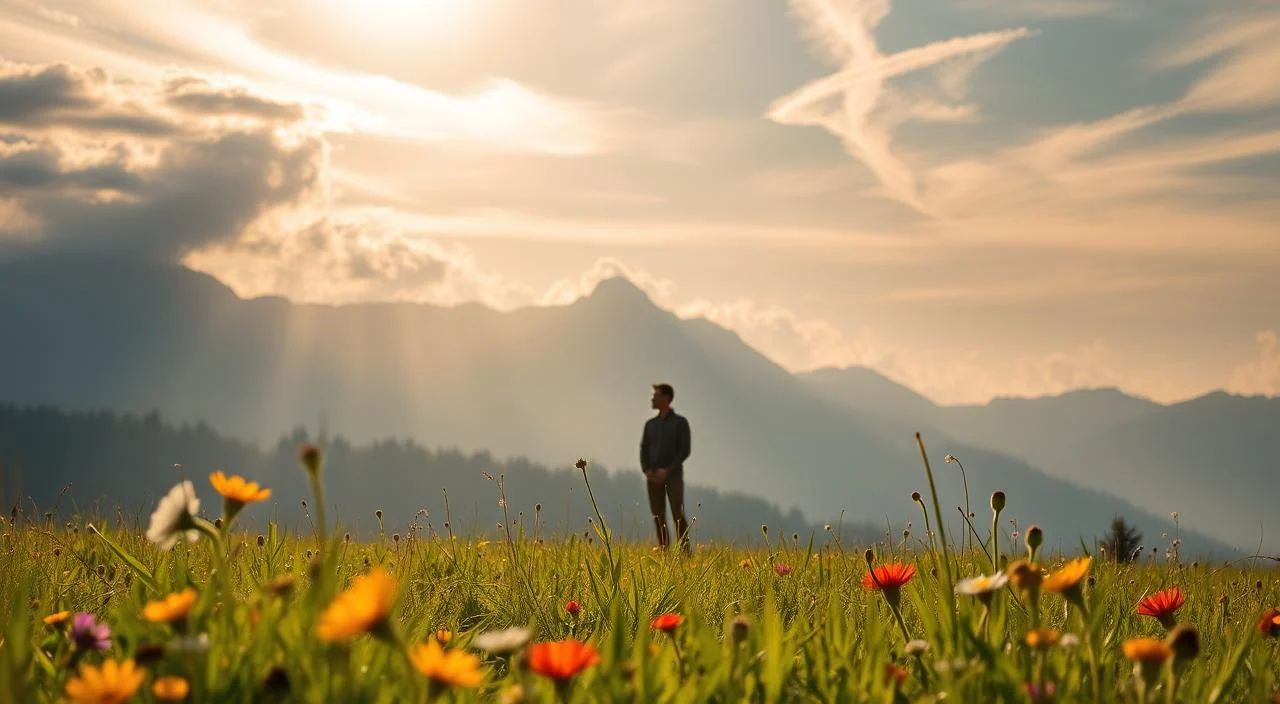 A serene and tranquil meadow, with lush green grass and vibrant wildflowers in the foreground. In the middle ground, a person stands tall and confident, radiating an aura of self-assurance and inner peace. The background features a picturesque mountain range, bathed in warm, golden sunlight filtering through wispy clouds. The scene conveys a sense of harmony, self-acceptance, and the empowering journey of building self-confidence and self-esteem.
