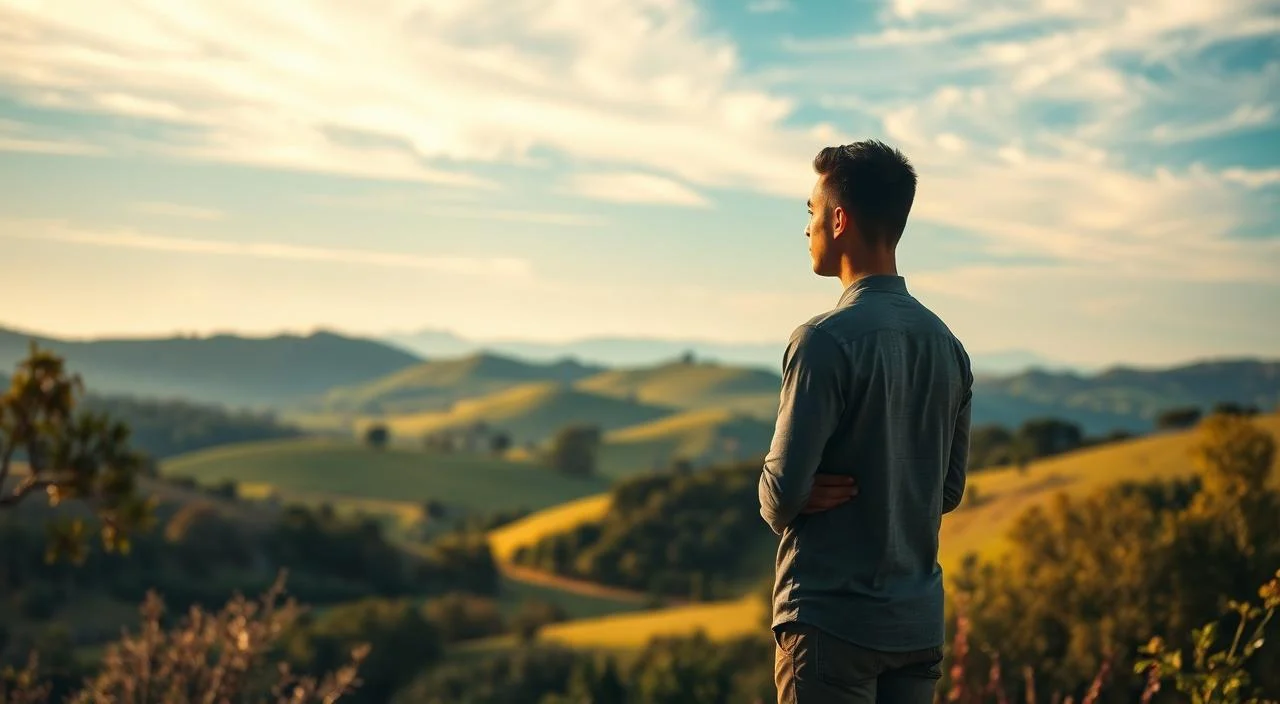A serene and tranquil scene depicting the concepts of self-esteem and security. In the foreground, a person stands confidently, their posture upright and their gaze directed forward. Warm, diffused lighting illuminates their face, conveying a sense of inner peace and self-assurance. In the middle ground, a lush, verdant landscape unfolds, with rolling hills and a vibrant, colorful palette. The background features a calming, azure sky, with wispy clouds drifting overhead. The overall atmosphere is one of balance, harmony, and a strong sense of personal empowerment.