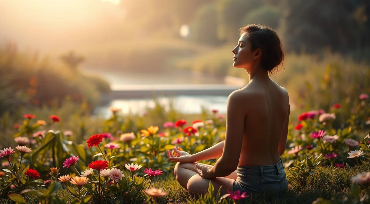 A serene and tranquil scene of a person sitting in a meditative pose, surrounded by a lush, verdant garden. The foreground features the individual, their eyes closed and body language exuding a sense of calm and inner peace. The middle ground showcases a variety of vibrant flowers and plants, creating a soothing, natural environment. In the background, a gently flowing stream or pond reflects the sky, adding a sense of depth and peacefulness to the composition. The lighting is soft and diffused, creating a warm, comforting atmosphere. The overall scene conveys a feeling of self-reflection, inner strength, and overall well-being.