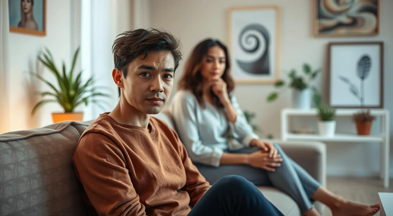 A serene and tranquil therapy session, with a patient sitting comfortably on a couch, engaged in deep emotional introspection. Soft, diffused lighting illuminates the scene, creating a calming atmosphere. In the foreground, the patient's expression reflects a sense of inner peace and self-awareness. The middle ground features a thoughtful therapist, offering a supportive and empathetic presence. In the background, subtle details such as potted plants and soothing artwork convey a sense of nourishment and emotional well-being. The overall scene evokes the development of emotional skills and the transformative power of psychological therapy.