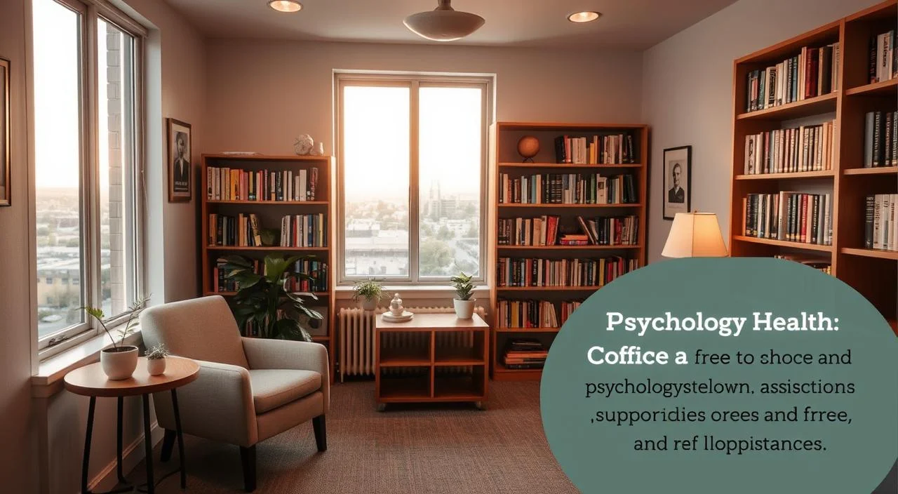 A serene and welcoming counseling office, with warm lighting and a cozy atmosphere. In the foreground, a comfortable armchair and a side table with a plant, creating an inviting space for one-on-one sessions. The middle ground features bookshelves filled with psychology-related literature, conveying a sense of expertise and care. The background showcases a large window overlooking a peaceful urban landscape, adding a sense of openness and tranquility. The overall scene reflects the importance of free, accessible psychological support, providing a safe and nurturing environment for those seeking mental health assistance.