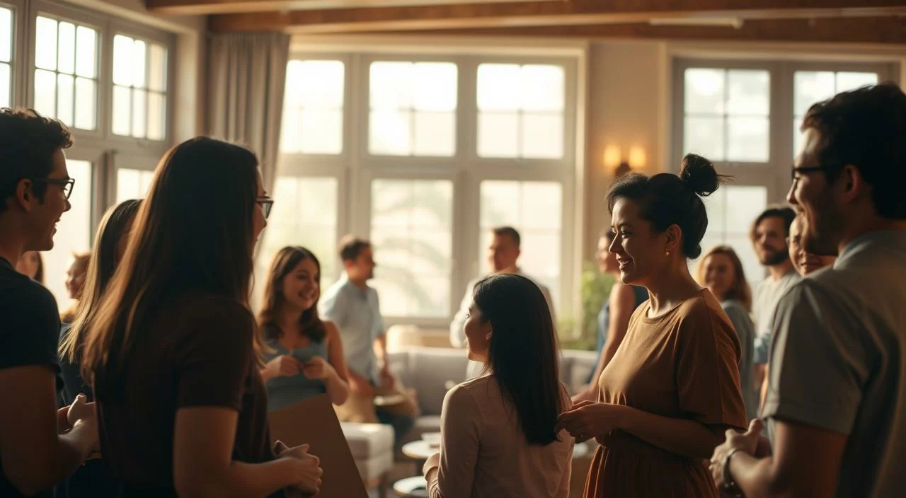 A serene and welcoming social gathering, illuminated by warm, natural lighting. In the foreground, a diverse group of individuals engage in animated conversation, their expressions radiating a sense of belonging and acceptance. The middle ground features a cozy, inviting lounge area, where people connect and share experiences. In the background, a tastefully decorated room, with large windows allowing a soft, diffused light to filter in, creating an atmosphere of openness and inclusivity. The overall scene conveys a palpable sense of social acceptance, where individuals feel valued, respected, and free to be their authentic selves.