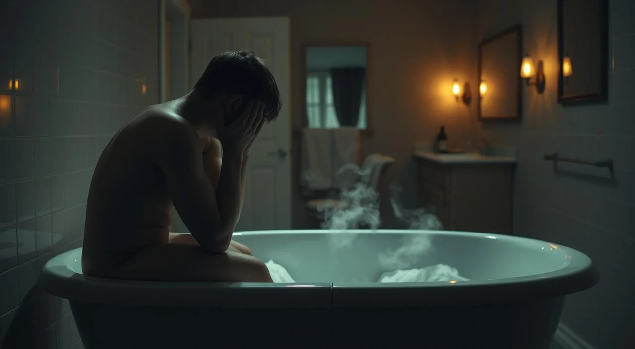 A serene bathroom scene, dimly lit with warm ambient lighting. In the foreground, a person sits on the edge of the bathtub, head in hands, expression pensive and troubled. The middle ground depicts a partially filled bathtub, steam gently rising, conveying the dread and anxiety associated with the act of bathing. The background features a bathroom vanity with a mirror, reflecting the person's inner turmoil. The overall atmosphere is one of introspection, unease, and the mental struggle to overcome the fear of something as basic as personal hygiene.