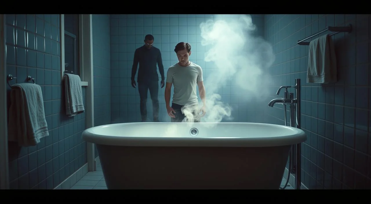 A serene bathroom setting with soothing blue tones and soft lighting. In the foreground, a partially filled bathtub sits invitingly, steam gently rising from the water. The middle ground shows a person hesitantly approaching the tub, their expression a mix of trepidation and curiosity. In the background, shadowy figures representing anxiety and phobia loom, casting an ominous presence. The composition conveys the internal struggle of overcoming a fear of bathing, with the peaceful tub contrasting the unseen forces that hold the person back. Realistic details, such as tiles, towels, and bathroom fixtures, ground the scene in a relatable, domestic environment.