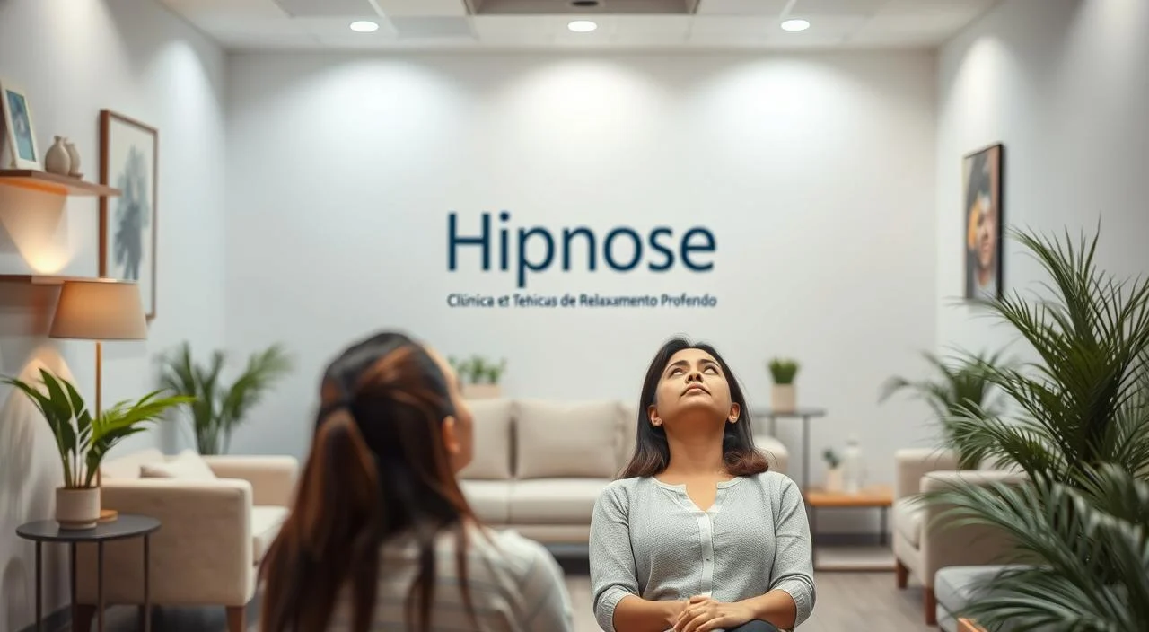 A serene clinical setting with a focus on hypnosis and deep relaxation techniques. The foreground features a therapist guiding a patient through a hypnosis session, their expressions calm and focused. In the middle ground, soothing decor elements like soft lighting, plush seating, and calming artwork create an inviting atmosphere. The background showcases the clinic's branding, "Hipnose Clínica e Técnicas de Relaxamento Profundo," conveying the facility's expertise in mental health and therapeutic hypnosis. The overall scene radiates a sense of tranquility, safety, and the potential for healing, reflecting the role of hypnosis in addressing anxiety and depression.
