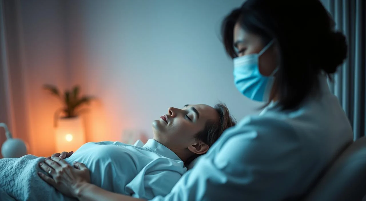 A serene clinical setting with a hypnotherapist guiding a patient through a relaxing hypnosis session. The therapist's face is obscured, but their calming presence is felt. The patient reclines comfortably, eyes closed, as soothing ambient lighting and soft textures create a tranquil atmosphere. Subtle visual cues like swirling patterns or a pendulum suggest the hypnotic state, while the overall composition conveys the therapeutic nature of the scene. The image should evoke a sense of clinical professionalism and the potential for healing anxiety through the power of hypnosis.