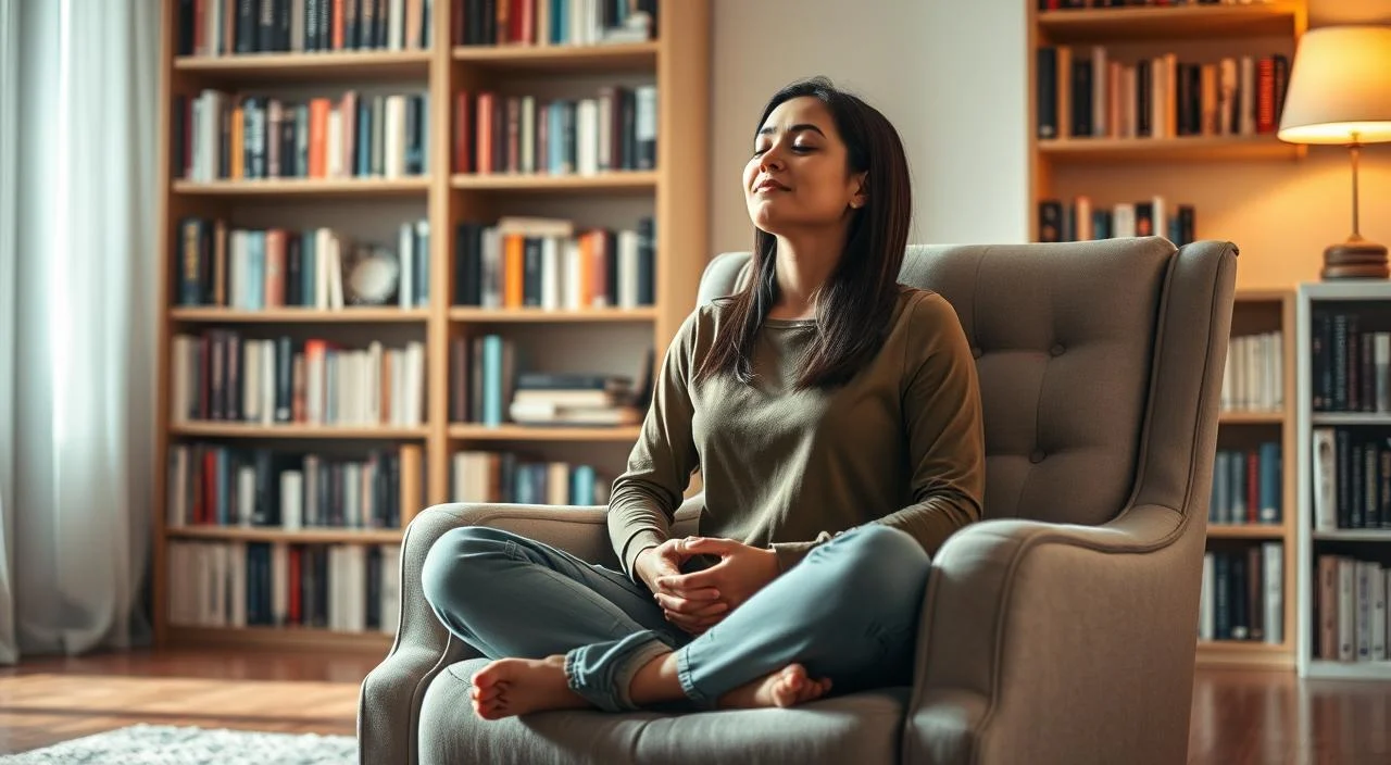 A serene, contemplative scene depicting a person in deep introspection, sitting cross-legged on a plush armchair, eyes closed, hands resting gently in their lap. The room is bathed in warm, soft lighting, creating a soothing, meditative atmosphere. The background features a bookshelf filled with volumes on psychology and self-help, subtly suggesting the role of therapy in the subject's journey of self-discovery. The composition is balanced, with the figure occupying the central focus, conveying a sense of inner peace and increased self-awareness. The overall mood is one of tranquility, reflection, and a heightened sense of self-understanding.