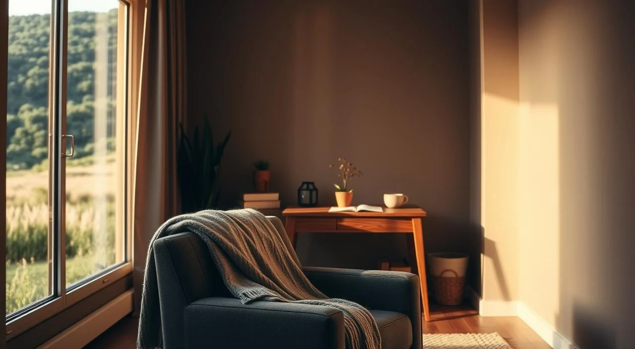 A serene, contemplative scene depicting cognitive-behavioral therapy. In the foreground, a comfortable armchair with a cozy blanket draped over it, inviting the viewer to sit and reflect. In the middle ground, a wooden desk with a notebook, pen, and a potted plant, symbolizing the therapeutic process. The background features a calming, muted palette of earthy tones, with a large window overlooking a lush, verdant landscape, bathed in soft, natural lighting. The overall atmosphere conveys a sense of introspection, growth, and the journey towards self-improvement.