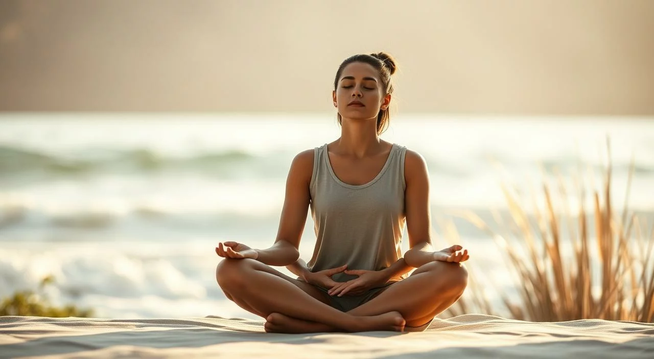 A serene, contemplative scene depicting techniques for overcoming the fear of judgment. In the foreground, a person sits cross-legged, eyes closed, hands resting on their thighs, their expression calm and focused. Behind them, a soft, blurred background features soothing natural elements like gentle waves, swaying grass, or a tranquil forest. The lighting is warm and diffused, creating a sense of introspection and inner peace. The composition is balanced and the color palette is muted, lending an air of mindfulness and self-reflection. The overall mood is one of introspection, emotional security, and the journey towards self-acceptance.