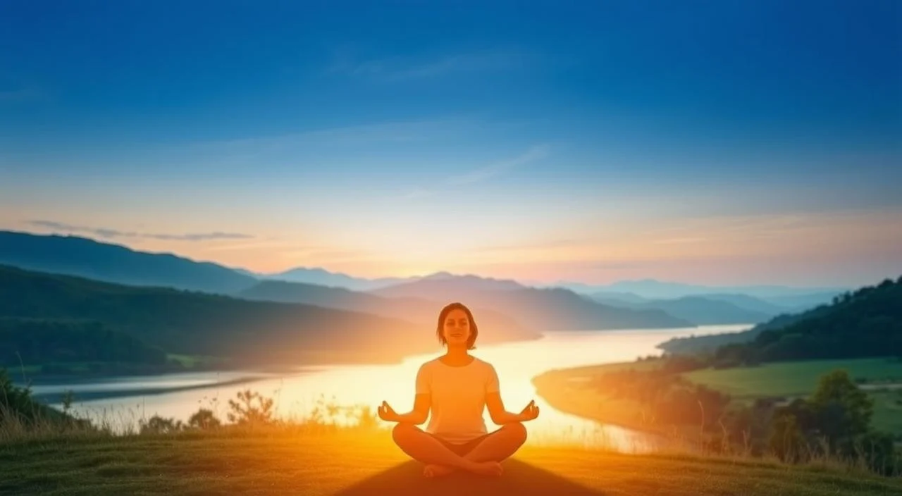 A serene, contemplative scene depicting the importance of mental health treatment. In the foreground, a person sits cross-legged, eyes closed, in a peaceful meditative pose, surrounded by soft, glowing light. The middle ground features a soothing, natural landscape - rolling hills, a calming river, and lush greenery. In the background, a warm, sunset sky casts a tranquil glow over the entire scene. The lighting is soft and diffused, creating a sense of calm and introspection. The overall mood is one of relaxation, healing, and the rejuvenating power of self-care and professional treatment for anxiety and depression.