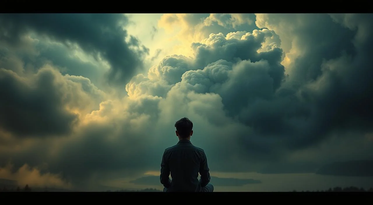 A serene, contemplative scene depicting the interplay between anxiety, depression, and stress. In the foreground, a solitary figure sits with a pensive expression, their hands clasped in meditation. Swirling clouds of muted colors - blues, grays, and greens - fill the middle ground, symbolizing the turbulent emotions and mental states. In the background, a landscape of rolling hills and a tranquil lake, representing the potential for finding inner peace and balance. Warm, diffused lighting casts a soft, introspective glow, inviting the viewer to pause and reflect on the complex relationships between these psychological states. Evocative, emotive, and visually striking.
