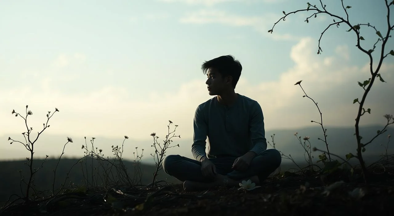 A serene, contemplative scene depicting the relationship between anxiety and mental health. In the foreground, a person sits cross-legged, their expression pensive and introspective. Surrounding them, delicate vines and flowers symbolize the fragility and resilience of the human mind. The middle ground features a hazy, atmospheric landscape, conveying a sense of the inner world's complexity. In the background, soft light filters through wispy clouds, evoking a sense of tranquility and healing. The overall mood is one of quiet introspection, highlighting the importance of understanding and addressing mental health challenges.
