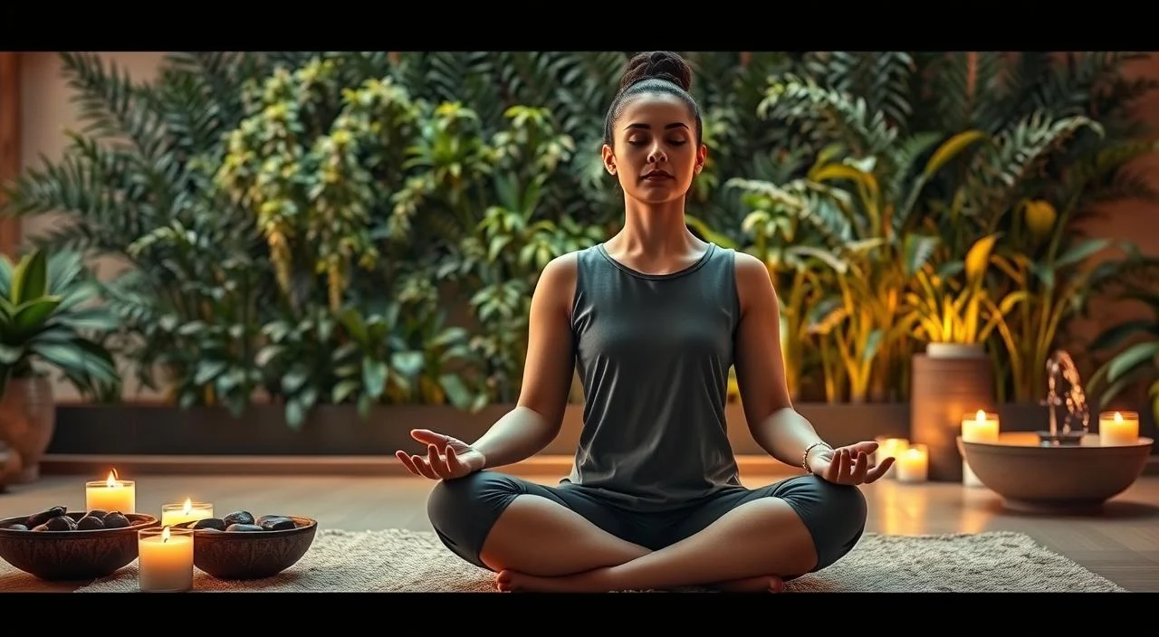 A serene, contemplative scene depicting various relaxation techniques. In the foreground, a person sitting cross-legged on a plush mat, eyes closed in meditation, their expression calm and centered. Surrounding them, an array of soothing elements - scented candles, a bowl of river stones, and a small fountain providing a gentle, calming ambiance. The middle ground showcases a wall of lush, verdant plants, their leaves rustling softly. The background features warm, diffused lighting, creating a cozy, spa-like atmosphere. The overall mood is one of tranquility, inviting the viewer to find their own sense of inner peace and relaxation.