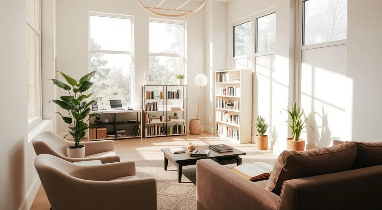 A serene, contemporary therapist's office with an abundance of natural light filtering through large windows. The walls are painted in calming, neutral tones, and the furniture is composed of sleek, minimalist designs in muted colors. In the foreground, a comfortable armchair and a side table with a potted plant. In the middle ground, a couch and a coffee table with some therapeutic books and a journal. In the background, a bookshelf filled with various psychology-related texts. The overall atmosphere is one of tranquility, introspection, and an invitation to explore different psychotherapeutic approaches.