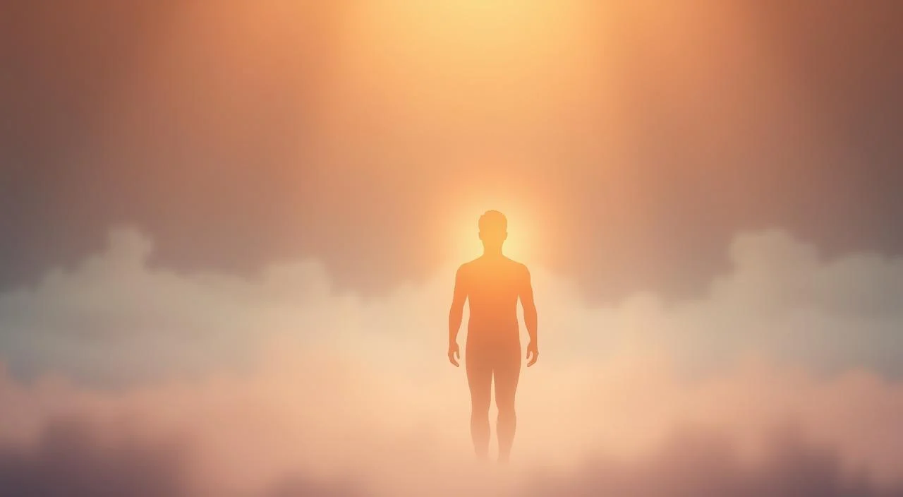 A serene digital landscape with a glowing central figure representing authentic digital presence. The figure is rendered in soft, warm tones, conveying a sense of tranquility and self-assurance. The background features a subtly layered, ethereal environment with muted hues and gentle gradients, creating a sense of depth and atmosphere. Soft, diffused lighting from multiple angles casts a natural, inviting glow over the scene. The overall composition and tone aim to evoke a feeling of confident, genuine online expression, free from judgment or pretense.