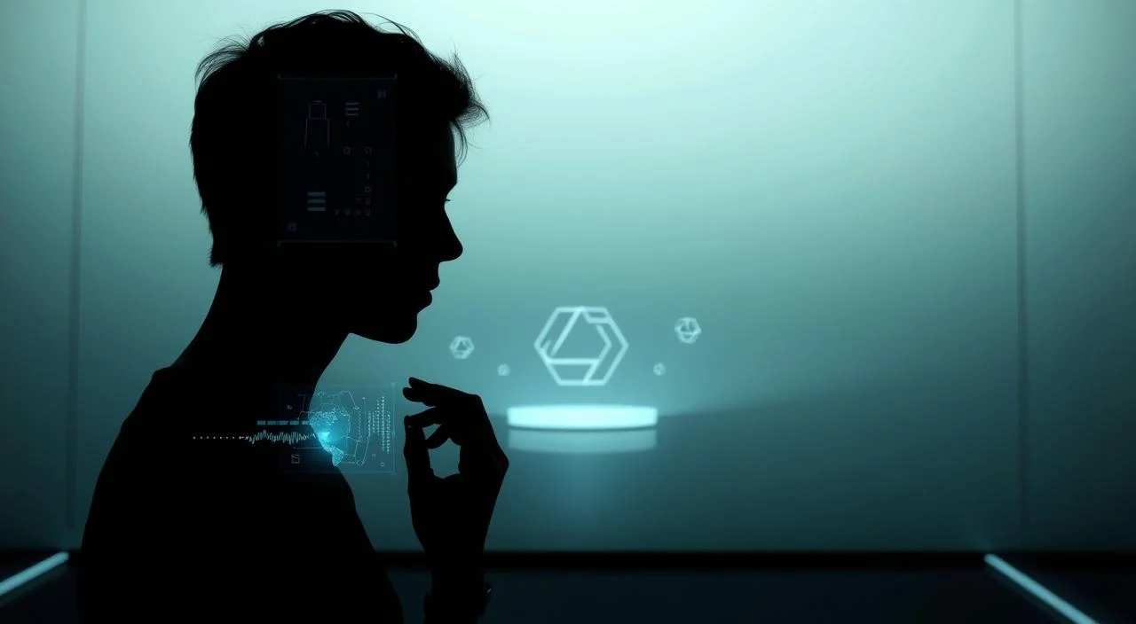 A serene digital self-reflection scene. In the foreground, a person's silhouette gazes introspectively at a floating holographic display, the soft glow illuminating their face. Surrounding them, a minimalist, futuristic environment with clean lines and muted tones. Holographic data streams and geometric shapes drift in the middle ground, creating a sense of technology and interconnectedness. In the background, a vast expanse of subtle gradients and atmospheric lighting, evoking a contemplative, almost ethereal mood. Cinematic lighting and a shallow depth of field focus the viewer's attention on the central figure's moment of digital self-evaluation.