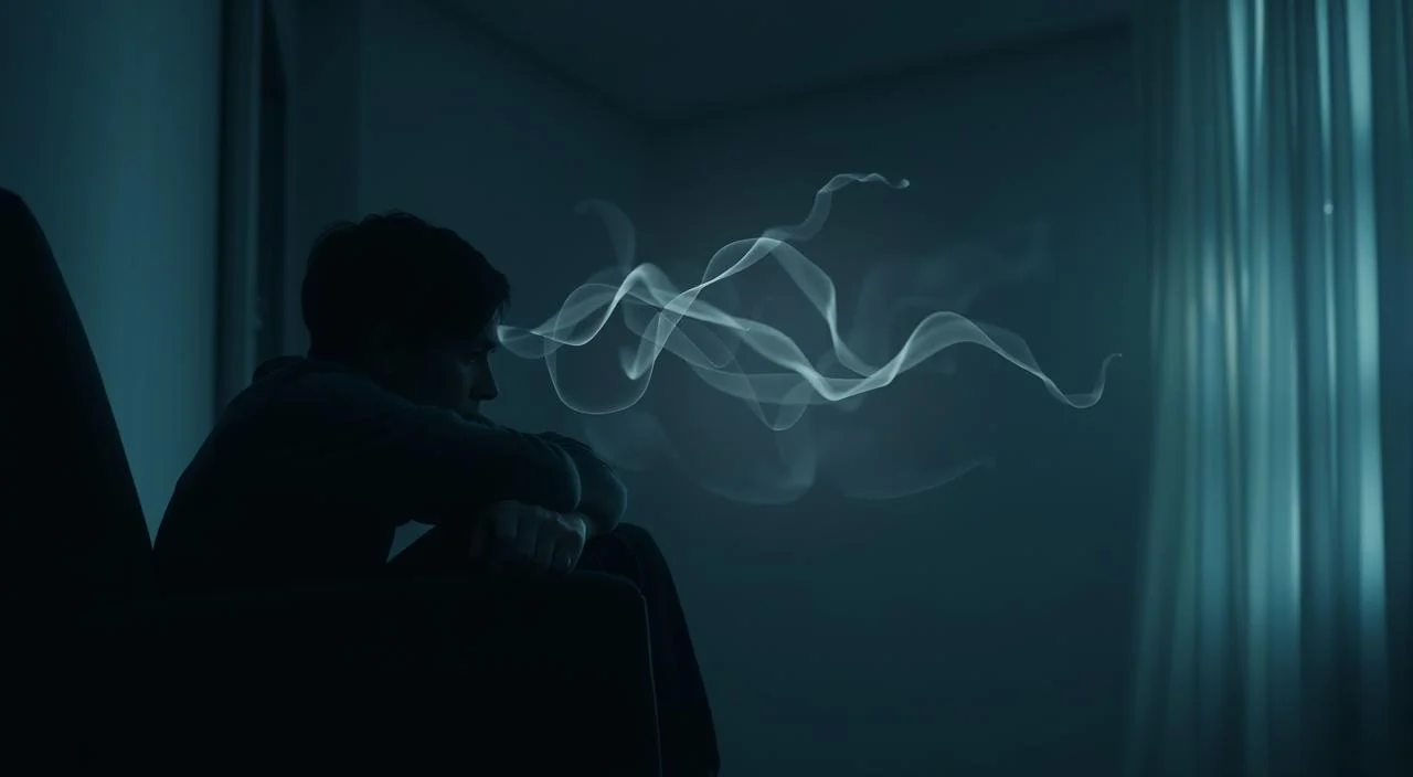A serene, dimly lit interior scene depicting the physical and emotional symptoms of anxiety. In the foreground, a person sits hunched on a chair, hands gripping the armrests tightly, face contorted with worry. Subtle lighting casts dramatic shadows, creating a somber, introspective atmosphere. In the middle ground, wisps of anxiety manifest as translucent, ethereal forms swirling around the individual, representing the racing thoughts and overwhelming sensations. The background is softly blurred, suggesting a sense of isolation and detachment from the external world. The overall composition conveys the intensity and debilitating nature of the anxiety experience through a visually compelling and emotive representation.