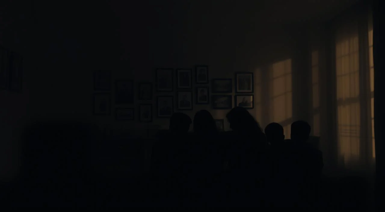 A serene, dimly lit interior space with a family of figures seated together, their silhouettes casting long shadows across the walls. The foreground features an intimate gathering, with individuals of different ages and genders embracing and intertwining, their postures suggesting a sense of familiarity and comfort. The middle ground reveals a series of framed photographs and mementos adorning the walls, hinting at the layers of personal history and shared experiences that bind this family together. The background is shrouded in a warm, muted palette, creating a sense of introspection and nostalgia. The overall atmosphere conveys the psychological roots and learned patterns that shape our most fundamental relationships and sense of identity.