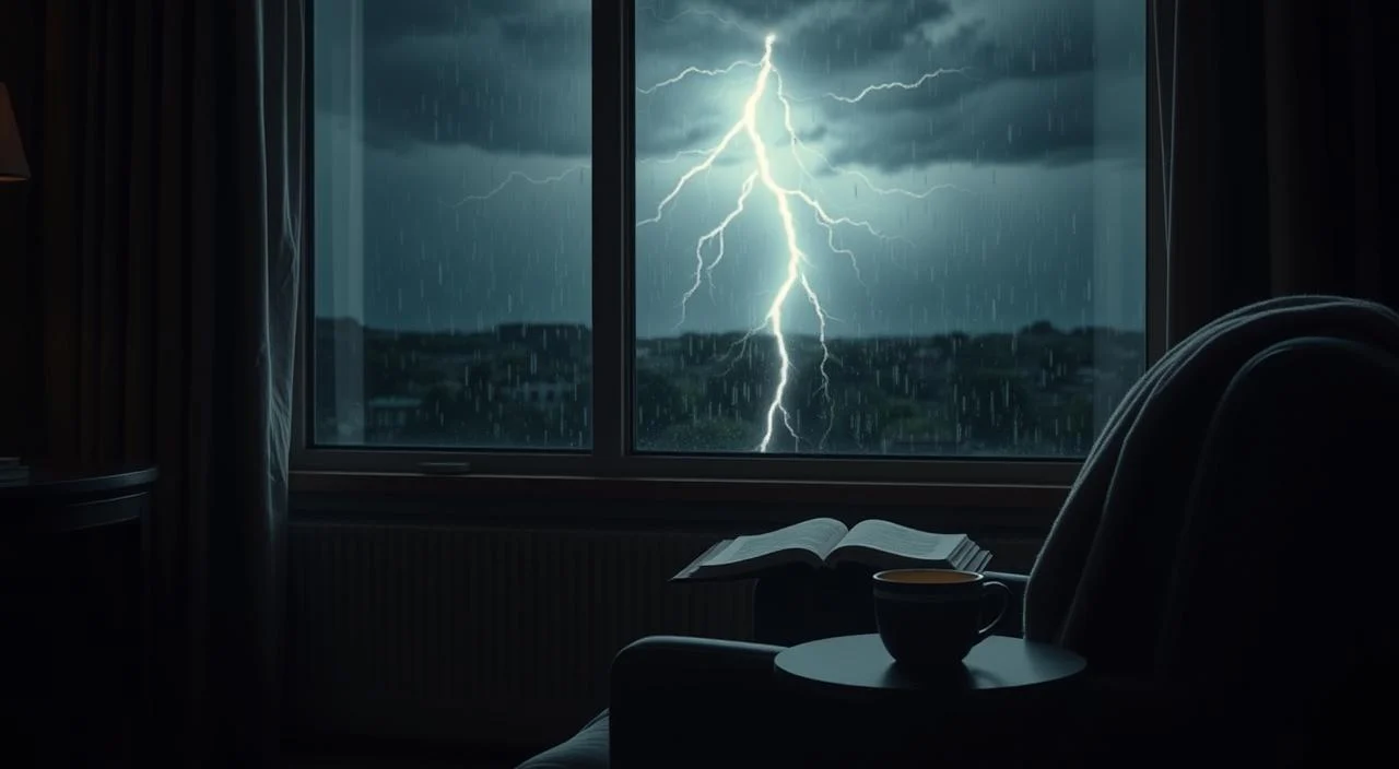 A serene, dimly lit room with a comfortable armchair and a soft throw blanket. A large window in the background overlooks a stormy landscape, with rain gently patterning the glass and flashes of lightning illuminating the sky. On a small table beside the chair, a steaming mug of tea and a journal lie open, suggesting a peaceful refuge from the external chaos. The lighting is warm and cozy, creating a sense of safety and inner calm. The overall atmosphere evokes a feeling of introspection and thoughtful strategies for managing anxiety during extreme weather events.