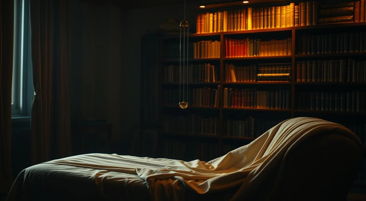 A serene, dimly lit room with a hypnotist's couch in the foreground. The couch is draped in a soft, flowing fabric, creating a sense of comfort and relaxation. In the middle ground, a pendulum sways gently, its hypnotic motion casting a mesmerizing spell. The background features a bookshelf filled with volumes on psychology and the subconscious mind, casting a warm, scholarly glow. The overall atmosphere is one of introspection and mental reprogramming, inviting the viewer to delve into the power of the mind and the transformative potential of hypnosis.