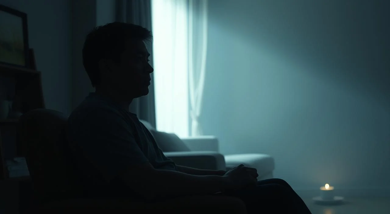 A serene, dimly lit room with a person sitting in a chair, their body language conveying a sense of unease and tension. The foreground features subtle details like fidgeting hands, a furrowed brow, and a distant, worried gaze. The middle ground showcases the person's surroundings - a cozy, softly lit space with muted colors and a sense of tranquility, contrasting with the person's internal turmoil. The background is hazy, with a sense of depth and mystery, hinting at the complexities of the human mind. Soft, diffused lighting casts a gentle, introspective mood, emphasizing the subject's psychological state. The overall composition evokes a palpable feeling of anxiety and the need for self-reflection.