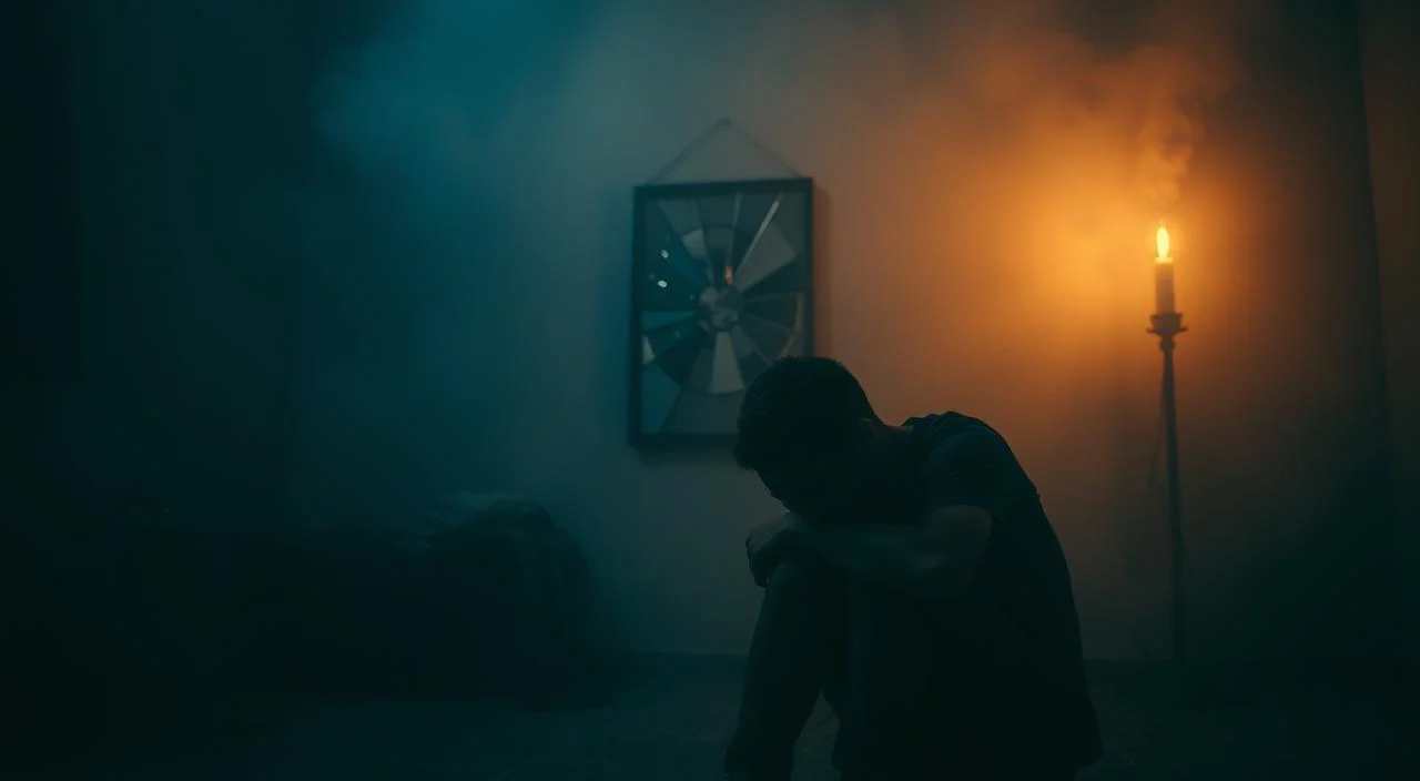 A serene, dimly lit room with soft, warm lighting. In the foreground, a person sits hunched over, hands covering their face, expression of deep distress and anguish. Surrounding them, wispy tendrils of shadow emanate, symbolizing the overwhelming sense of anxiety and depression. In the middle ground, a shattered mirror reflects a distorted, fragmented image, representing the internal turmoil. The background is hazy, with muted colors and a sense of isolation, emphasizing the feeling of being alone in this struggle. The overall atmosphere is somber, introspective, and emotionally charged, capturing the essence of anxiety and depression.