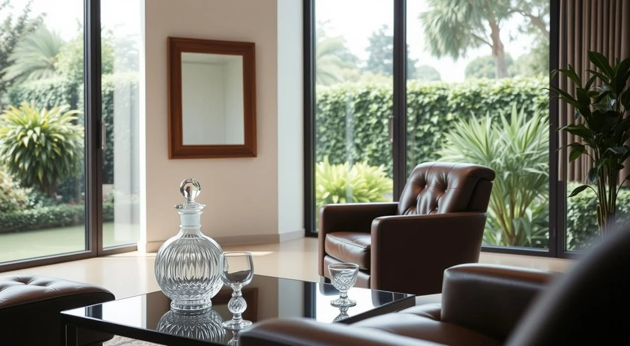 A serene, elegant clinical setting for hypnosis therapy. In the foreground, a plush leather chair and a low table with a crystal decanter and glasses, inviting the client to relax. The middle ground features a large, framed mirror on the wall, subtly suggesting the introspective nature of the practice. The background showcases floor-to-ceiling windows, bathing the room in soft, natural light and offering a calming view of a lush, verdant garden. The overall atmosphere is one of tranquility, professionalism, and the promise of therapeutic benefits, conveying the restorative power of hypnosis.