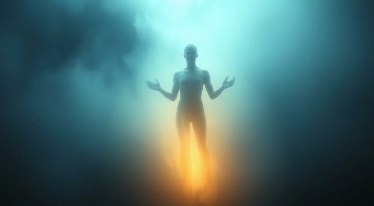 A serene, ethereal depiction of an inner voice, personified as a glowing, ethereal figure emerging from a misty, dreamlike background. The figure's form is indistinct, with a soft, radiant aura emanating from within, casting a warm, comforting glow. The background is shrouded in a hazy, atmospheric mist, creating a sense of introspection and contemplation. Subtle lighting from an unseen source illuminates the scene, adding depth and dimension. The overall mood is one of introspection, self-reflection, and the transformative power of the inner voice, guiding and supporting the viewer.