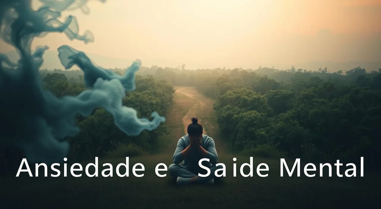 A serene, ethereal landscape depicting the concept of "Ansiedade e Saúde Mental". In the foreground, a person sits cross-legged, their face hidden in their hands, conveying a sense of inner turmoil and anxiety. Wispy, cloud-like forms in shades of blue and gray swirl around the figure, symbolizing the mental fog and emotional strain of anxiety. In the middle ground, a path winds through a lush, verdant forest, offering a sense of escape and the potential for a journey towards healing. The background features a soft, hazy sky with muted, warm tones, creating an atmosphere of contemplation and introspection. Soft, diffused lighting illuminates the scene, lending a dreamlike quality. The overall composition evokes the complex relationship between mental health and the experience of anxiety.
