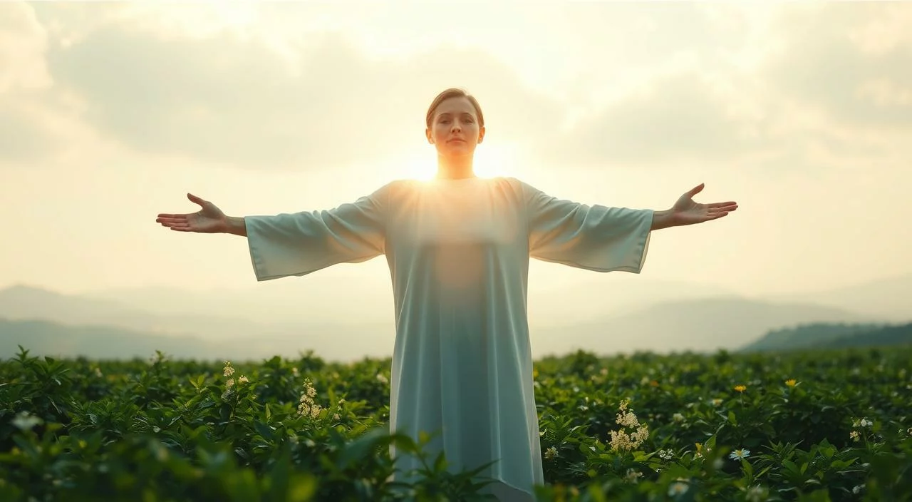 A serene, ethereal landscape where vulnerability is personified as a radiant, luminous figure - a symbol of strength and resilience. The figure stands tall amidst a lush, verdant backdrop, their outstretched arms embracing the viewer, inviting them to bask in the warmth and power of their presence. Soft, diffused lighting bathes the scene, creating a sense of tranquility and inner calm. The figure's expression is one of openness and acceptance, their gaze steady and unwavering, challenging the viewer to confront their own fears and insecurities. In the distance, a horizon of tranquil, rolling hills and a vast, expansive sky, hinting at the boundless potential that lies within vulnerability.