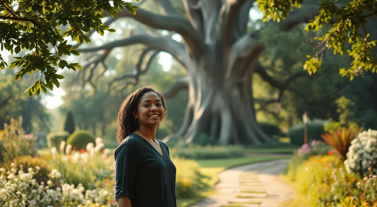 A serene garden setting, with a path winding through lush greenery and blooming flowers. In the foreground, a person stands tall, their face radiant with a sense of inner peace and self-acceptance. Warm, diffused lighting bathes the scene, creating a tranquil atmosphere. The background features a towering, majestic tree, its branches reaching skyward, symbolizing the journey of overcoming fear and embracing one's true self. The overall composition conveys a sense of personal growth, resilience, and the freedom to be authentic without the burden of judgment.