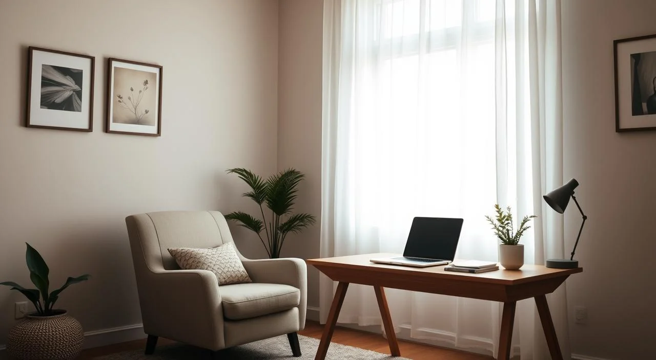 A serene home office setting, with a comfortable armchair and a laptop on a minimalist wooden desk. Soft, diffused lighting from a large window creates a calming atmosphere, highlighting the privacy and intimacy of the space. The walls are adorned with subtle artwork, conveying a sense of tranquility. The color palette is muted, with earthy tones that promote a sense of security and well-being. The overall scene suggests a safe, confidential environment where an individual can engage in online therapy, their privacy and personal information protected by the serene surroundings.