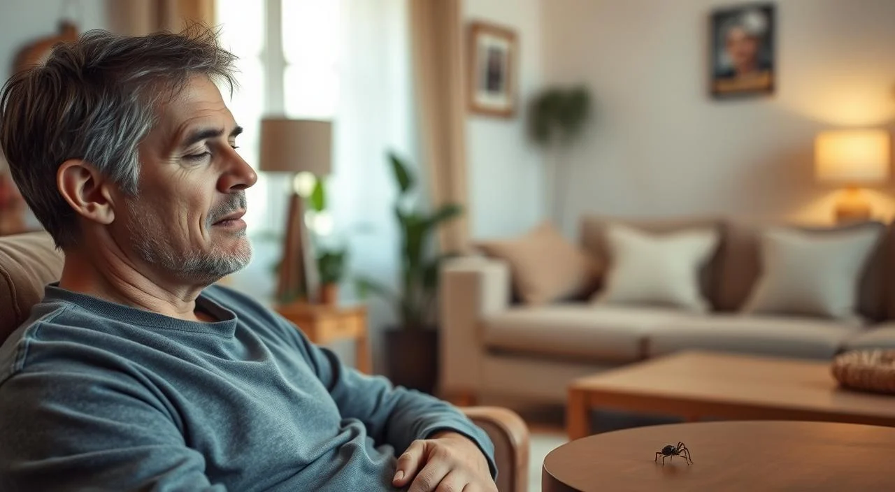 A serene home setting with a person sitting in a comfortable chair, focused on controlling their fear of insects. The foreground features a person taking deep breaths, their expression calm and determined. In the middle ground, a small insect crawls on a nearby table, but the person remains unfazed. The background showcases a warm, cozy living room with soft lighting, neutral tones, and natural elements like potted plants, creating a soothing atmosphere. The overall scene conveys a sense of mindfulness, self-control, and the gradual process of overcoming entomophobia through relaxation techniques and exposure therapy.