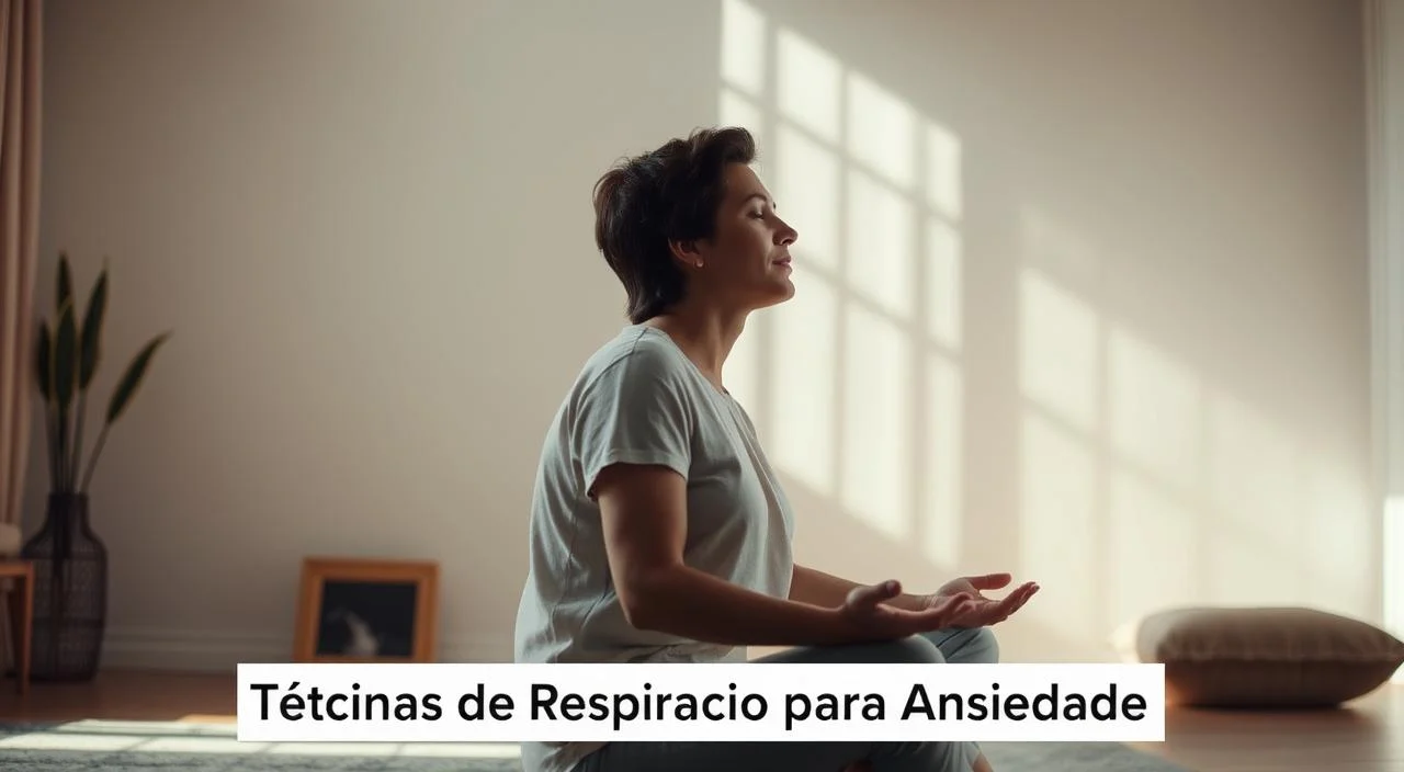A serene indoor setting with a person sitting in a comfortable, upright position, focused on their breathing. The lighting is soft and natural, creating a calming atmosphere. The background features soothing, muted tones, with minimal distractions. The person's posture and facial expression convey a sense of peace and control, demonstrating the effectiveness of the breathing techniques. The image should evoke a sense of tranquility and stress relief, capturing the essence of the "Técnicas de Respiração para Ansiedade" section.