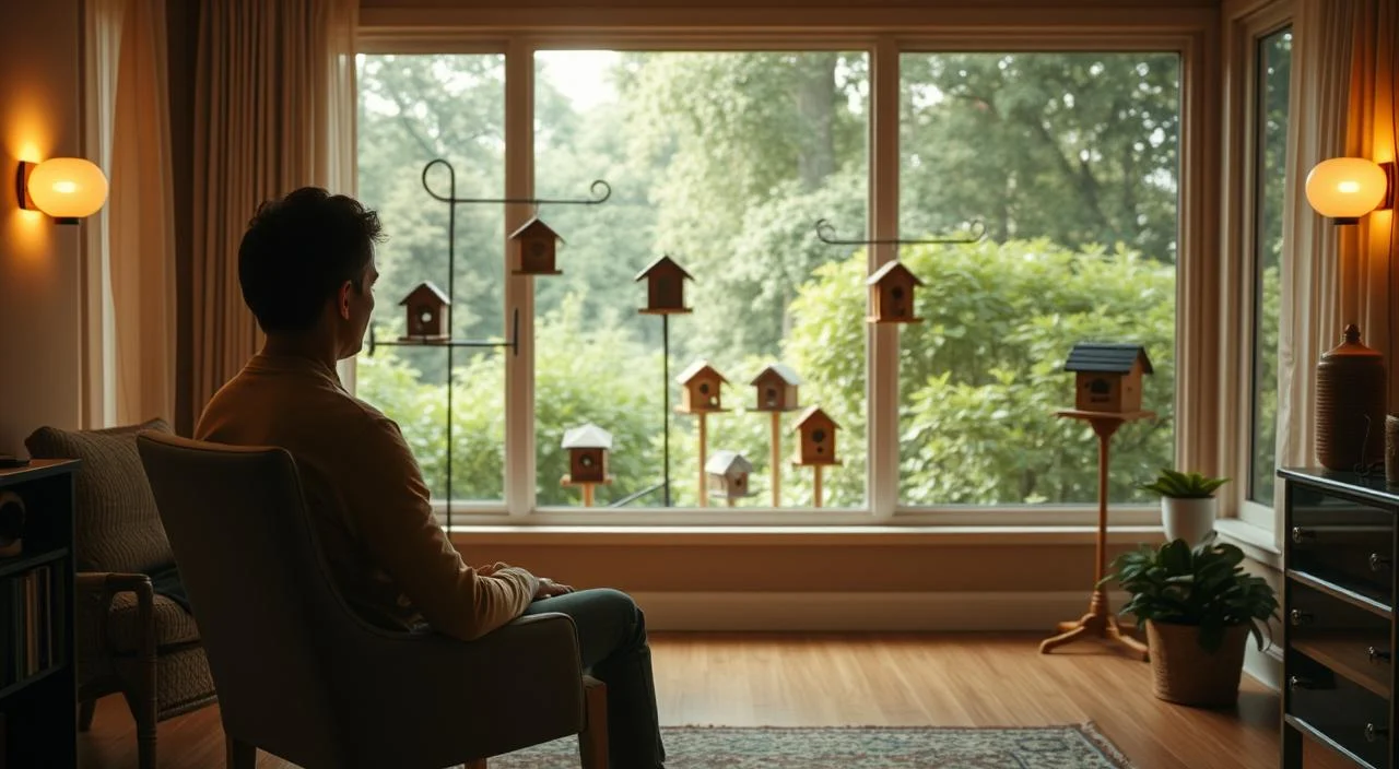 A serene indoor setting with a person sitting on a chair, facing a large window overlooking a lush garden. Natural light filters in, casting a warm, diffused glow throughout the space. The person is intently focused, their gaze directed towards a collection of birdhouses and feeders placed strategically within the outdoor scene. The arrangement suggests an immersive "exposure therapy" setup, designed to gradually desensitize the individual to their fear of birds. The overall atmosphere is one of contemplation, tranquility, and a sense of therapeutic progress.