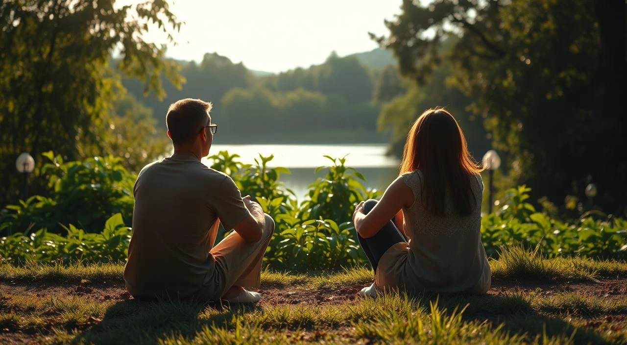 A serene, introspective scene depicting authentic communication. In the foreground, two figures sit facing each other, their body language open and engaged. Soft natural lighting casts a warm glow, creating an atmosphere of trust and openness. The middle ground features lush, verdant foliage, symbolizing the growth and nourishment that can come from genuine dialogue. In the background, a tranquil body of water reflects the sky, conveying a sense of clarity and inner peace. The overall composition evokes a harmonious balance between the individuals and their natural surroundings, suggesting the transformative power of authentic, judgment-free communication.