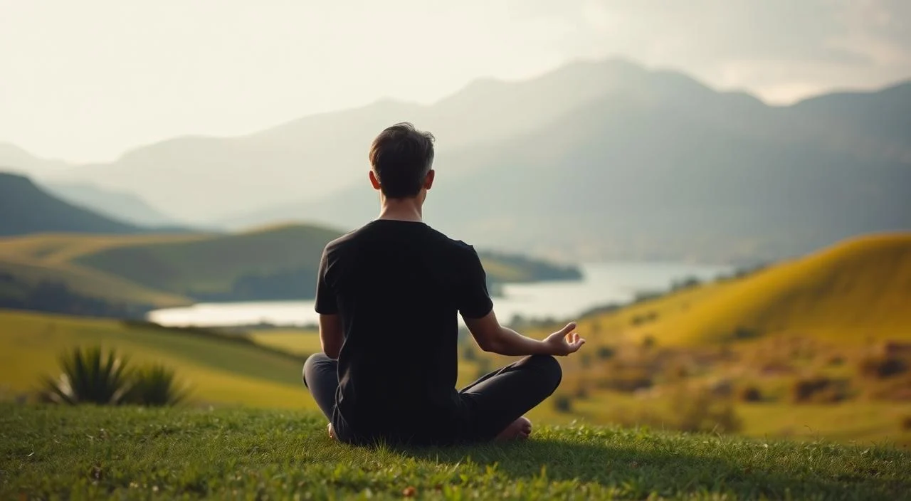 A serene, introspective scene depicting the importance of emotional self-awareness. In the foreground, a person sits cross-legged, eyes closed, hands resting on their lap, deeply immersed in meditation. The mid-ground features a lush, verdant landscape with rolling hills and a tranquil, reflective lake. The background showcases a breathtaking mountain range, bathed in warm, golden light. Soft, diffused lighting creates a calming, contemplative atmosphere, emphasizing the individual's journey of emotional self-discovery. The overall composition conveys a sense of balance, inner peace, and the transformative power of emotional introspection.