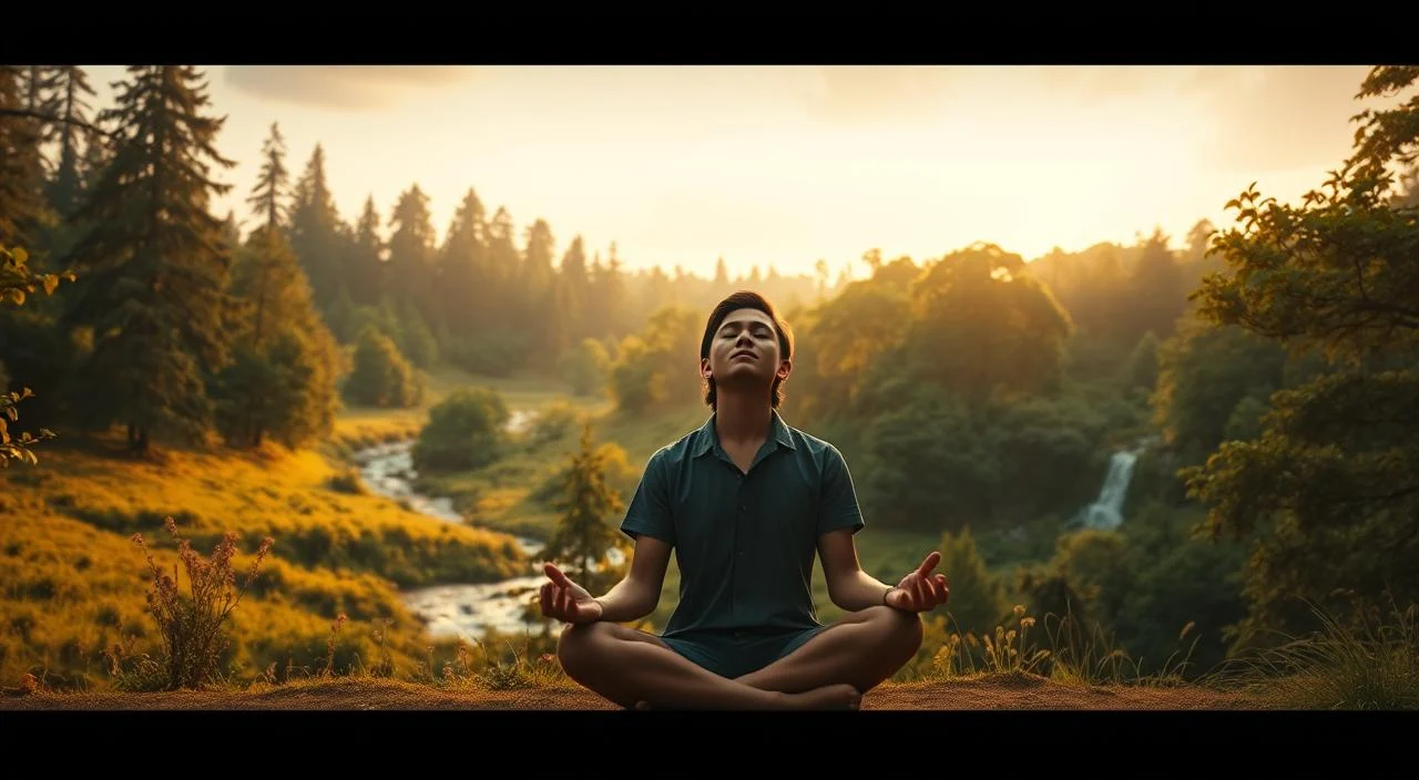A serene, introspective scene of a person overcoming their fear of judgment. In the foreground, a figure sits cross-legged, eyes closed, their expression calm and tranquil, radiating an aura of self-acceptance. The middle ground features a lush, verdant landscape with towering trees and a flowing stream, symbolizing the journey towards inner peace. The background is bathed in warm, golden light, creating a sense of hope and transformation. The overall composition conveys a sense of personal growth, emotional liberation, and the power of self-discovery.