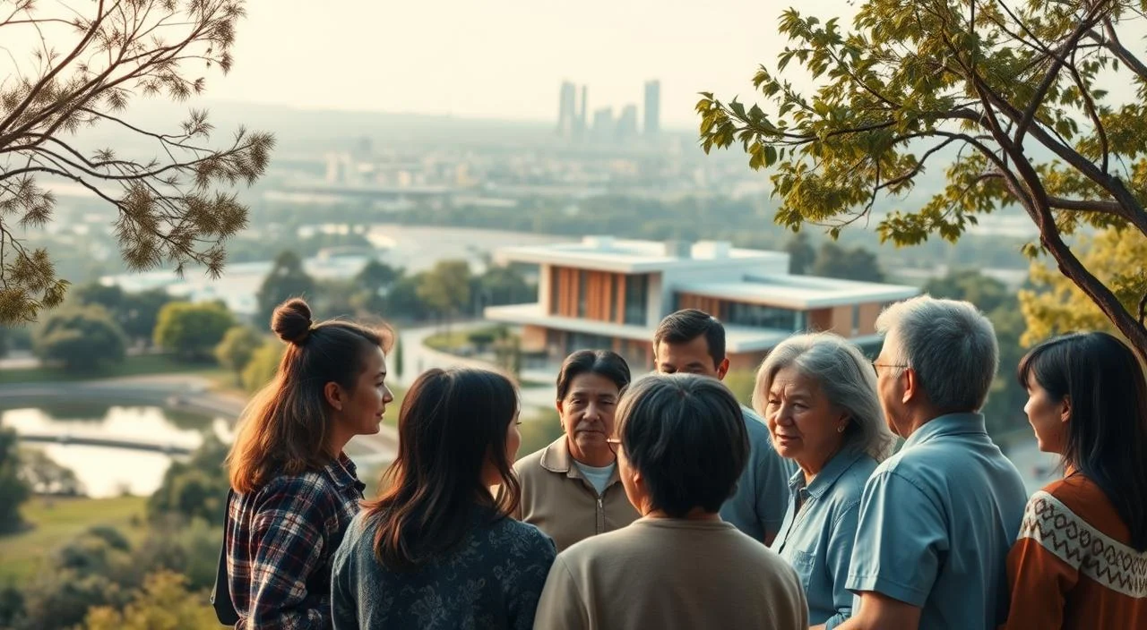 A serene landscape depicting the integration of mental health services. In the foreground, a group of people of diverse ages and backgrounds engage in a support group session, their expressions conveying a sense of connection and understanding. The middle ground features a modern healthcare facility with a warm, welcoming architecture, surrounded by lush greenery and a calming water feature. In the background, a cityscape with skyscrapers and infrastructure symbolizes the broader societal context, suggesting the integration of mental health services within the urban environment. The scene is bathed in soft, natural lighting, creating a sense of tranquility and well-being. The overall composition emphasizes the harmonious integration of mental health care into the fabric of the community.