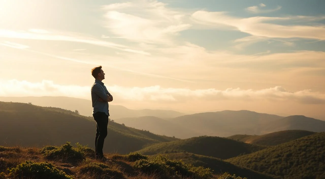 A serene landscape with a person standing confidently, their posture upright and gaze forward, symbolizing self-assurance. In the background, wispy clouds drift across a bright sky, creating a sense of tranquility. The foreground features rolling hills covered in lush vegetation, hinting at the person's inner peace and balance. Warm, diffused lighting casts a gentle glow, evoking a calming atmosphere. The scene conveys a harmonious blend of anxiety and self-confidence, where the individual has found their center amidst the complexities of life.