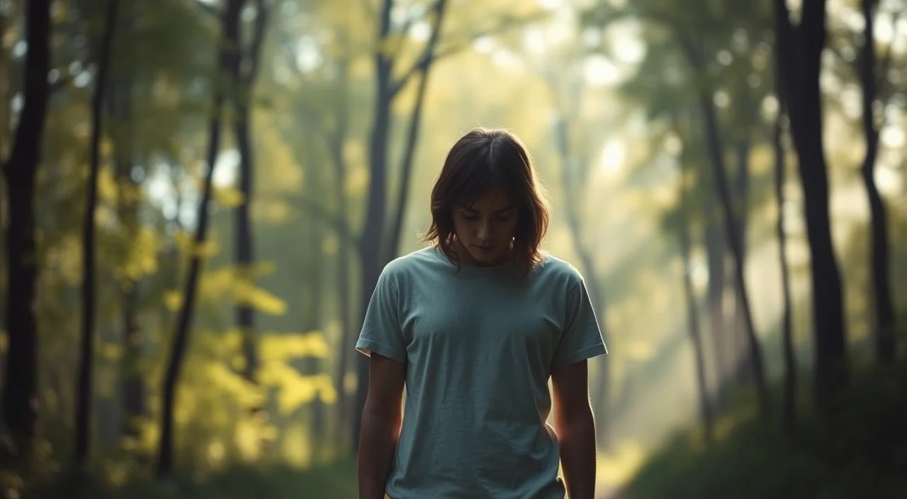 A serene landscape with a person standing in the center, their gaze downcast and their body language conveying a sense of self-doubt and vulnerability. The background is a softly blurred forest, with dappled sunlight filtering through the trees, creating a warm and calming atmosphere. The person is illuminated by a subtle, diffused light, casting gentle shadows and highlighting their features. The overall mood is one of introspection and contemplation, inviting the viewer to reflect on the importance of self-acceptance and overcoming the fear of judgment.