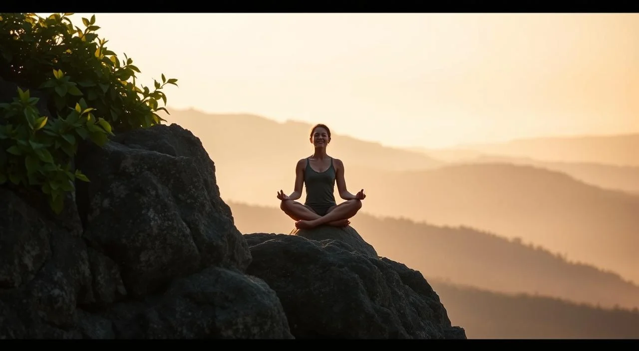 A serene landscape with a rocky outcrop in the foreground, partially covered in lush, verdant foliage. In the middle ground, a person sits in a meditative pose, their eyes closed, radiating an aura of inner strength and tranquility. The background features a distant, hazy mountain range bathed in warm, golden light, evoking a sense of solitude and introspection. The scene is captured with a soft, dreamlike quality, emphasizing the harmony between the individual and the natural world, conveying the essence of "estratégias força interior".