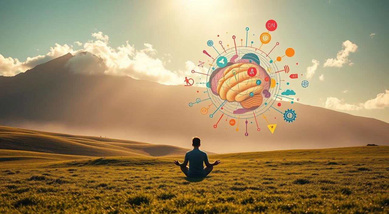 A serene landscape with a towering mountain range in the background, casting long shadows across a lush, rolling meadow. In the foreground, a person sits cross-legged, lost in contemplation, surrounded by a swirling vortex of colorful, abstract shapes and symbols - the physical manifestation of the anxious thoughts that plague the mind. Diffused, golden light filters through wispy clouds, creating a sense of warmth and tranquility, even amidst the inner turmoil. The composition is balanced, with the human figure as the central focus, highlighting the personal, internal nature of the experience of anxiety. Shot with a wide-angle lens to capture the vastness of the scene, creating a sense of awe and the insignificance of the individual in the face of the larger forces at play.