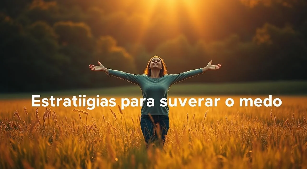 A serene meadow bathed in warm, golden light, with a person standing in the center, arms outstretched, a look of peace and determination on their face. In the background, a lush forest provides a sense of security and grounding. The overall atmosphere conveys a journey of overcoming fear and finding inner strength, with the tranquil setting and the person's confident pose reflecting the "Estratégias para superar o medo" theme.