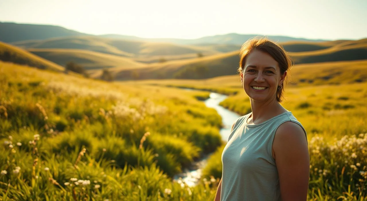 A serene meadow bathed in warm, golden sunlight. In the foreground, a person stands tall, their face radiating confidence and self-assurance. Their body language is relaxed, yet purposeful, conveying a sense of inner strength and self-acceptance. The middle ground features a lush, verdant landscape, with gently swaying wildflowers and a tranquil stream meandering through. In the background, rolling hills and a clear, azure sky create a peaceful, calming atmosphere. The scene evokes a sense of personal growth, resilience, and the embracing of one's inherent worth, embodying the essence of "fortalecendo autoestima" - strengthening self-esteem.