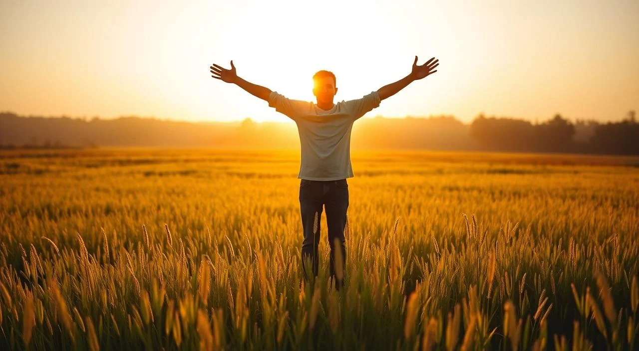 A serene meadow in the golden light of a sunset, a figure standing in the center, arms outstretched in a protective gesture. The figure's face is obscured, representing the abstract concept of anxiety, while the meadow and the setting sun evoke a sense of calm and tranquility, symbolizing the protective mechanism of anxiety. The scene is captured through a wide-angle lens, giving a sense of vastness and perspective. The lighting is soft and diffused, creating a warm, inviting atmosphere. The overall composition conveys the idea of anxiety as a natural, protective response, rather than a purely negative emotion.