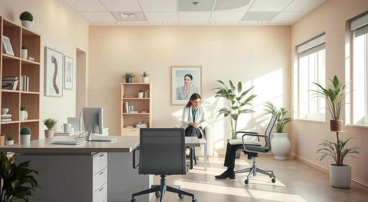A serene medical office setting, with a desk, chair, and shelves in the foreground. In the middle ground, a doctor sitting and discussing treatment options with a patient. The background features calming pastel-colored walls, soothing natural lighting, and subtle botanical elements, conveying a sense of tranquility and professionalism. The overall atmosphere exudes an aura of care, trust, and expertise, as the doctor guides the patient through traditional anxiety treatments, such as cognitive-behavioral therapy and medication management.